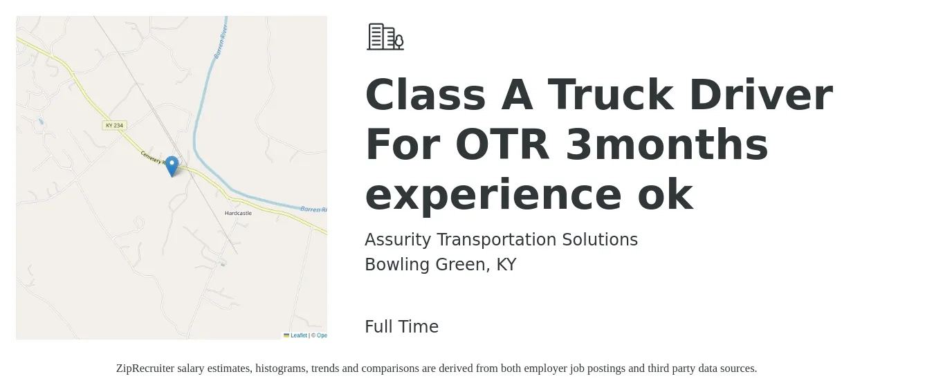 Assurity Transportation Solutions job posting for a Class A Truck Driver For OTR 3months experience ok in Bowling Green, KY with a salary of $1,600 to $1,900 Weekly with a map of Bowling Green location.