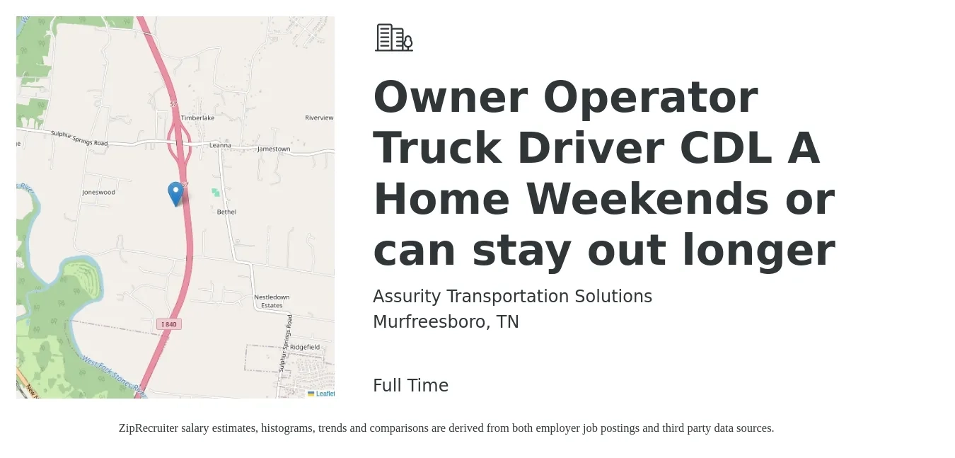 Assurity Transportation Solutions job posting for a Owner Operator Truck Driver CDL A Home Weekends or can stay out longer in Murfreesboro, TN with a salary of $8,000 to $14,000 Weekly with a map of Murfreesboro location.