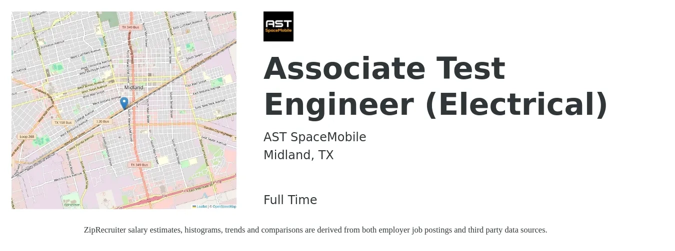 AST SpaceMobile job posting for a Associate Test Engineer (Electrical) in Midland, TX with a salary of $39 to $58 Hourly with a map of Midland location.