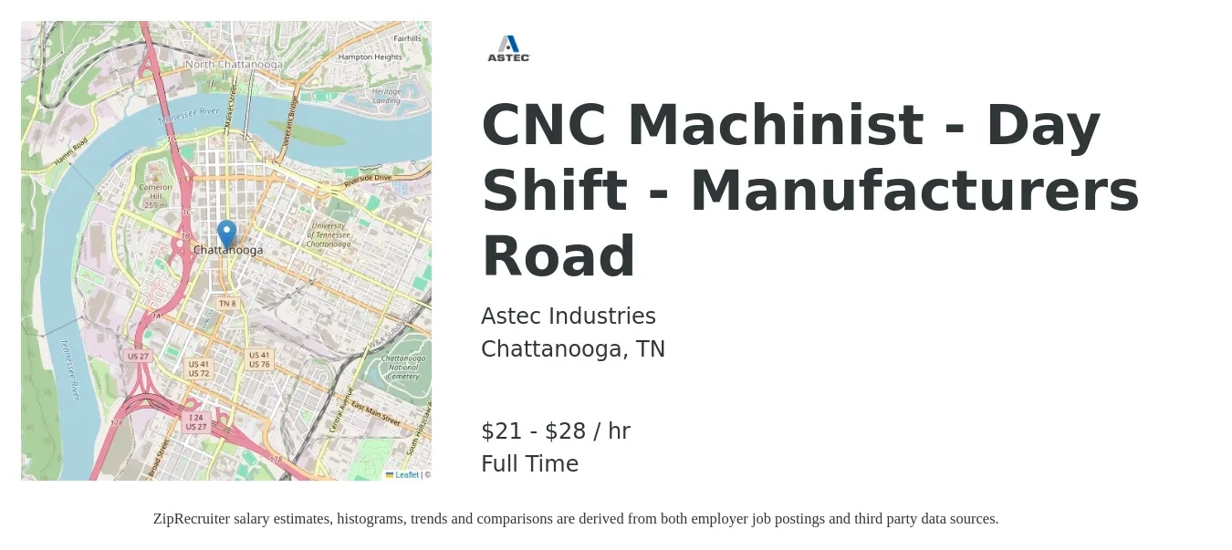 Astec Industries job posting for a CNC Machinist - Day Shift - Manufacturers Road in Chattanooga, TN with a salary of $22 to $30 Hourly with a map of Chattanooga location.