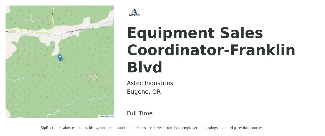 Astec Industries job posting for a Equipment Sales Coordinator-Franklin Blvd in Eugene, OR with a salary of $19 to $26 Hourly with a map of Eugene location.