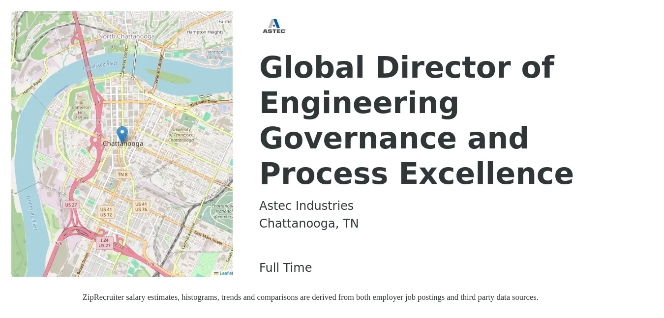 Astec Industries job posting for a Global Director of Engineering Governance and Process Excellence in Chattanooga, TN with a salary of $128,800 to $230,400 Yearly with a map of Chattanooga location.