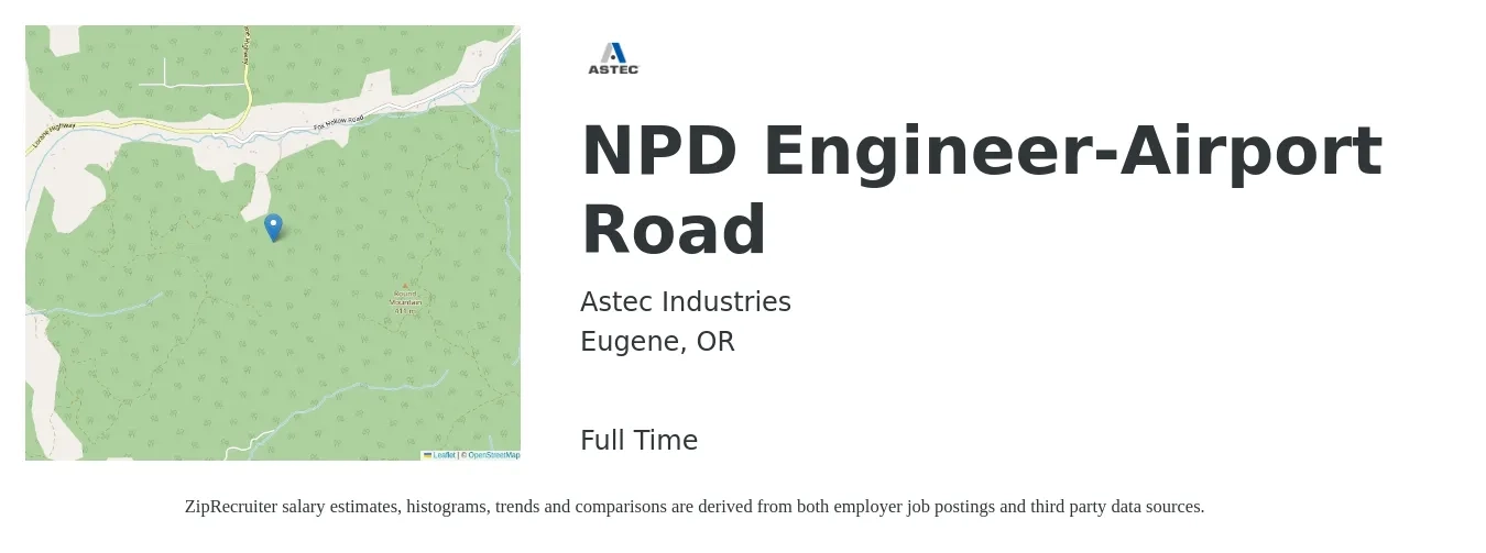 Astec Industries job posting for a NPD Engineer-Airport Road in Eugene, OR with a salary of $82,900 to $115,000 Yearly with a map of Eugene location.