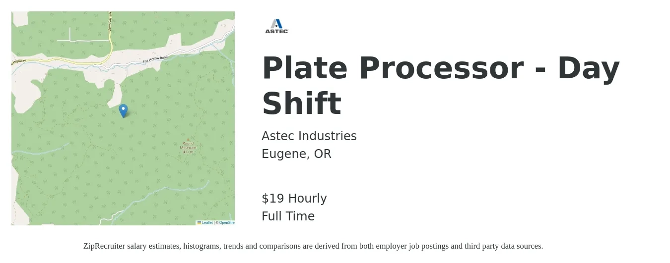 Astec Industries job posting for a Plate Processor - Day Shift in Eugene, OR with a salary of $20 Hourly with a map of Eugene location.