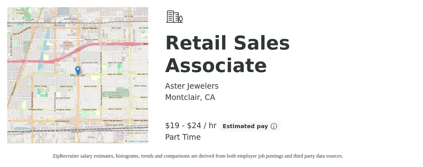 Aster Jewelers job posting for a Retail Sales Associate in Montclair, CA with a salary of $20 to $25 Hourly (plus commission) with a map of Montclair location.