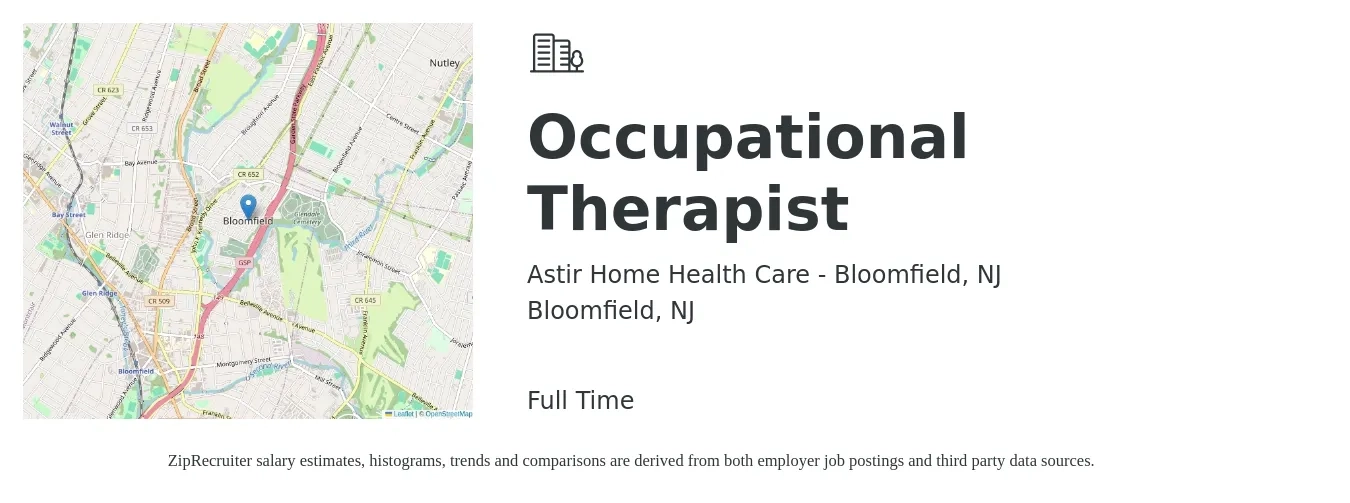Astir Home Health Care - Bloomfield, NJ job posting for a Occupational Therapist in Bloomfield, NJ with a salary of $41 to $54 Hourly with a map of Bloomfield location.