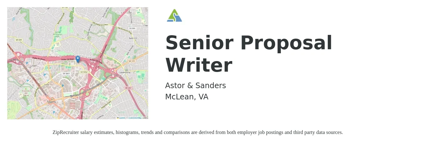 Astor & Sanders job posting for a Senior Proposal Writer in McLean, VA with a salary of $64,200 to $91,500 Yearly with a map of McLean location.