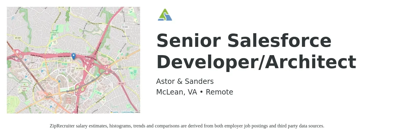 Astor & Sanders job posting for a Senior Salesforce Developer/Architect in McLean, VA with a salary of $126,900 to $155,200 Yearly with a map of McLean location.