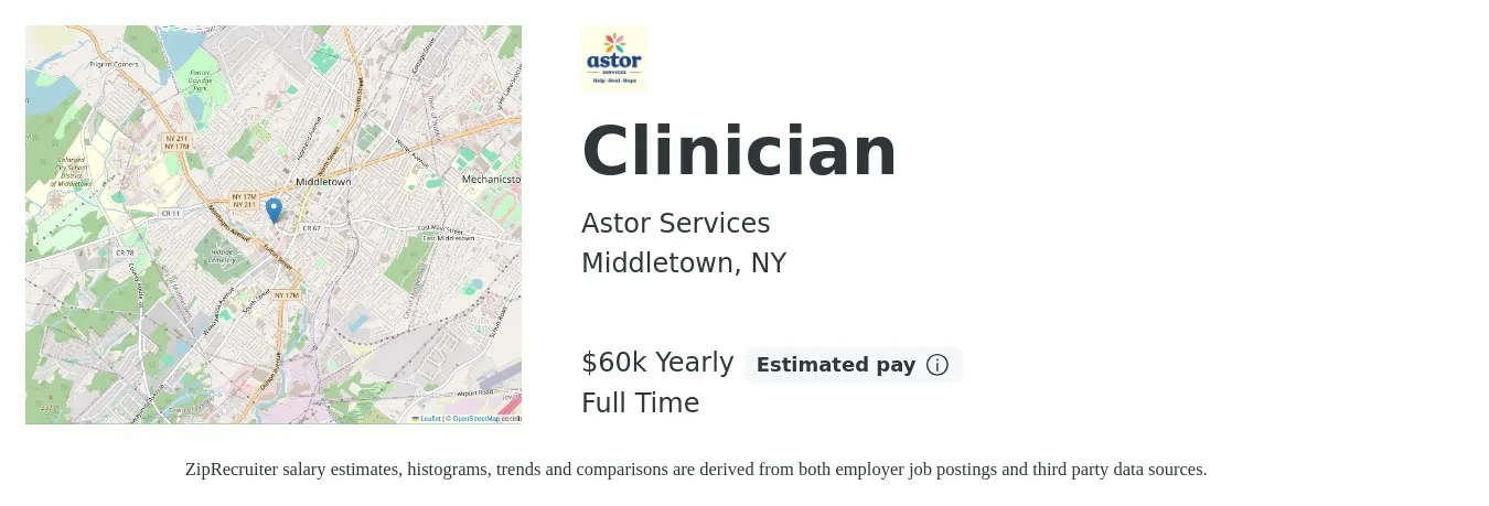 Astor Services job posting for a Clinician in Middletown, NY with a salary of $60,000 Yearly with a map of Middletown location.