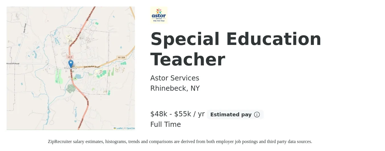 Astor Services job posting for a Special Education Teacher in Rhinebeck, NY with a salary of $48,000 to $55,000 Yearly with a map of Rhinebeck location.