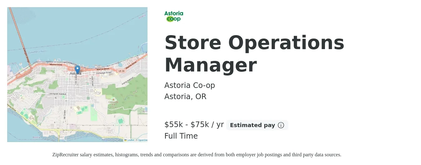 Astoria Co-op job posting for a Store Operations Manager in Astoria, OR with a salary of $55,000 to $75,000 Yearly with a map of Astoria location.