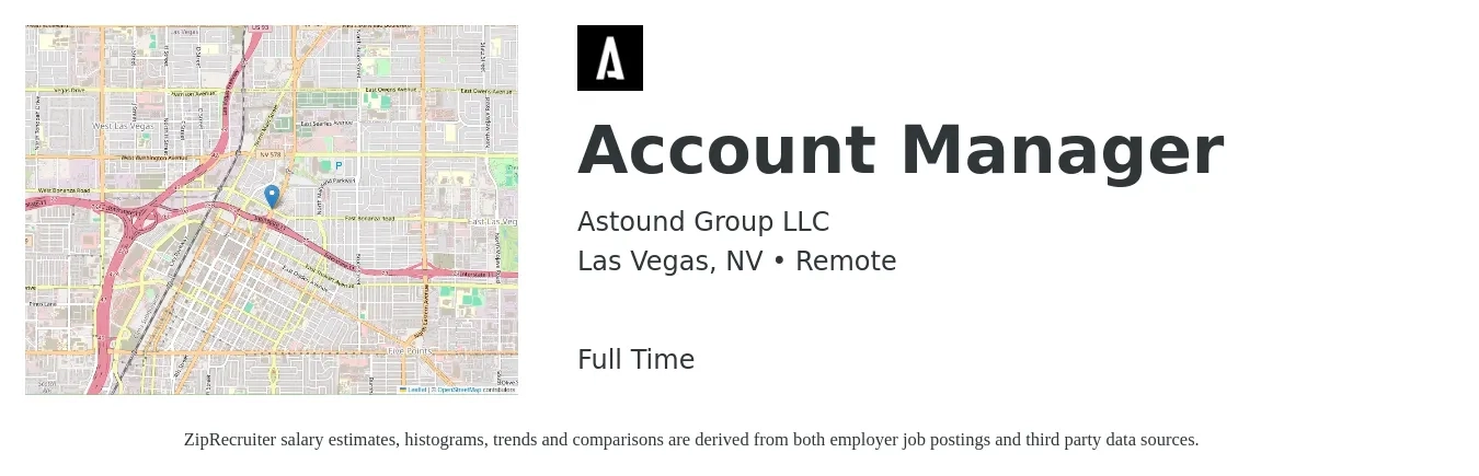 Astound Group LLC job posting for a Account Manager in Las Vegas, NV with a salary of $45,100 to $73,800 Yearly with a map of Las Vegas location.