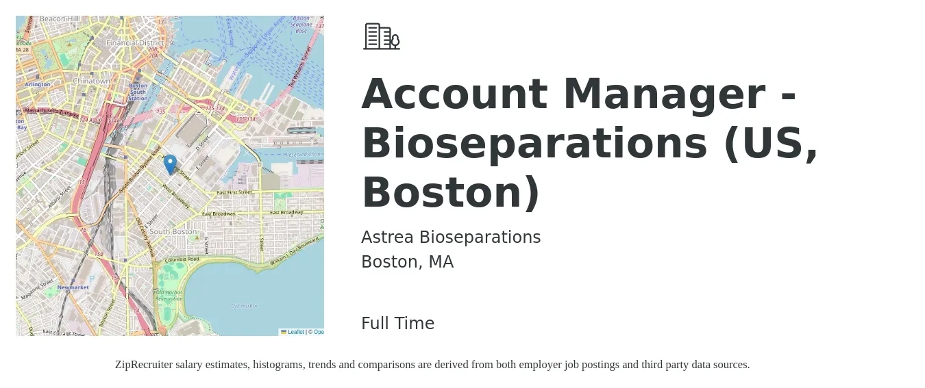 Astrea Bioseparations job posting for a Account Manager - Bioseparations (US, Boston) in Boston, MA with a salary of $52,100 to $85,300 Yearly with a map of Boston location.