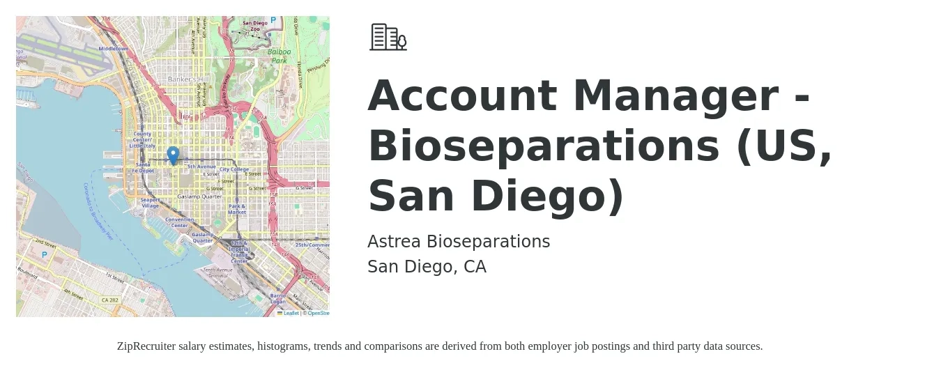 Astrea Bioseparations job posting for a Account Manager - Bioseparations (US, San Diego) in San Diego, CA with a salary of $51,000 to $83,300 Yearly with a map of San Diego location.