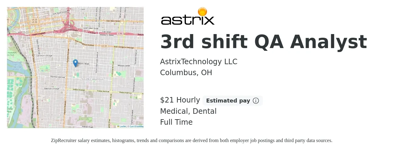 AstrixTechnology LLC job posting for a 3rd shift QA Analyst in Columbus, OH with a salary of $25 Hourly with a map of Columbus location.