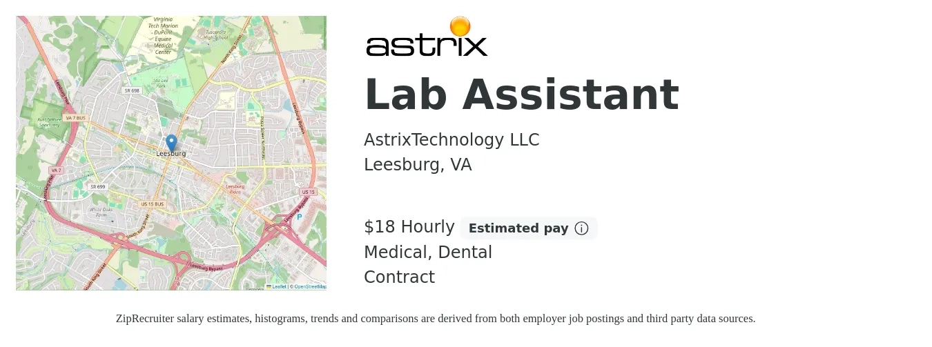 Astrix Technology job posting for a Lab Assistant in Leesburg, VA with a salary of $20 Hourly with a map of Leesburg location.
