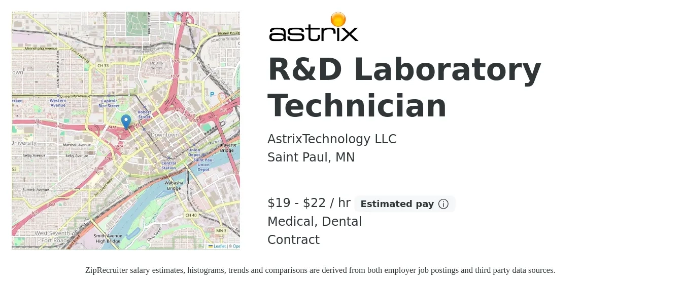 AstrixTechnology LLC job posting for a R&D Laboratory Technician in Saint Paul, MN with a salary of $20 to $23 Hourly and benefits including medical, pto, and dental with a map of Saint Paul location.