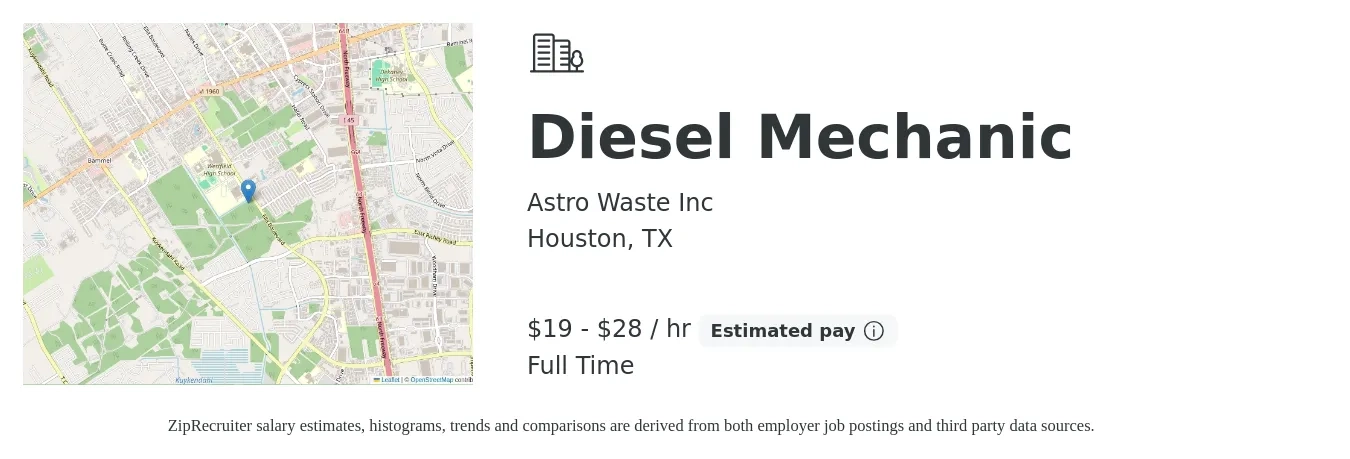 Astro Waste Inc job posting for a Diesel Mechanic in Houston, TX with a salary of $20 to $30 Hourly and benefits including pto with a map of Houston location.