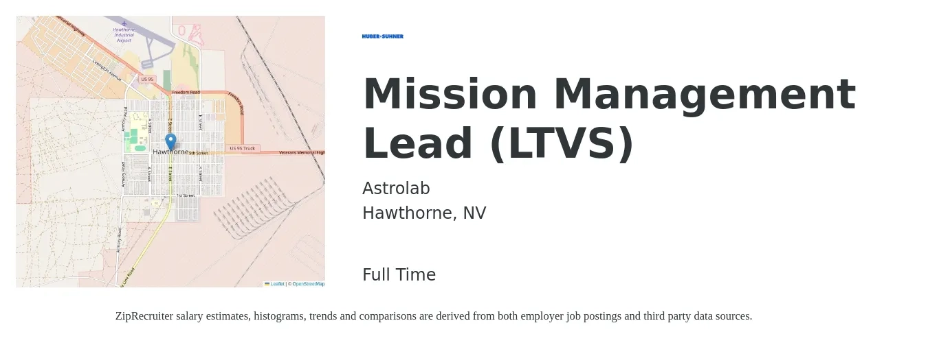 Astrolab job posting for a Mission Management Lead (LTVS) in Hawthorne, NV with a salary of $15 to $24 Hourly with a map of Hawthorne location.