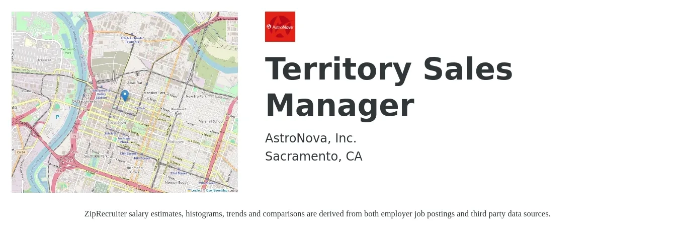 Astronova job posting for a Territory Sales Manager in Sacramento, CA with a salary of $70,300 to $107,800 Yearly with a map of Sacramento location.