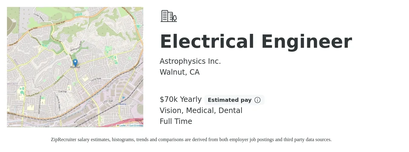 Astrophysics Inc. job posting for a Electrical Engineer in Walnut, CA with a salary of $70,000 Yearly and benefits including vision, dental, life_insurance, medical, and retirement with a map of Walnut location.