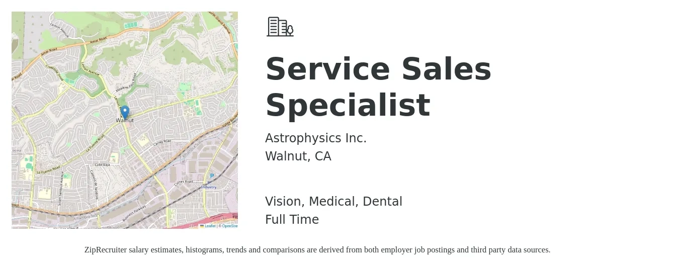 Astrophysics Inc. job posting for a Service Sales Specialist in Walnut, CA with a salary of $19 to $32 Hourly and benefits including dental, life_insurance, medical, retirement, and vision with a map of Walnut location.