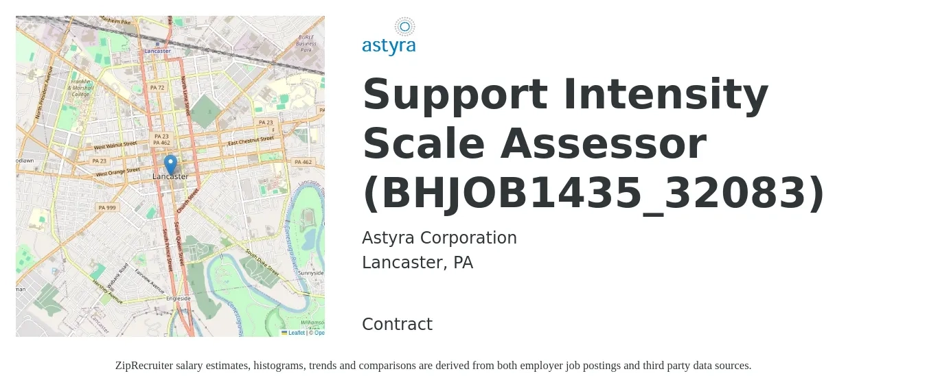 Astyra Corporation job posting for a Support Intensity Scale Assessor (BHJOB1435_32083) in Lancaster, PA with a salary of $20 to $33 Hourly with a map of Lancaster location.