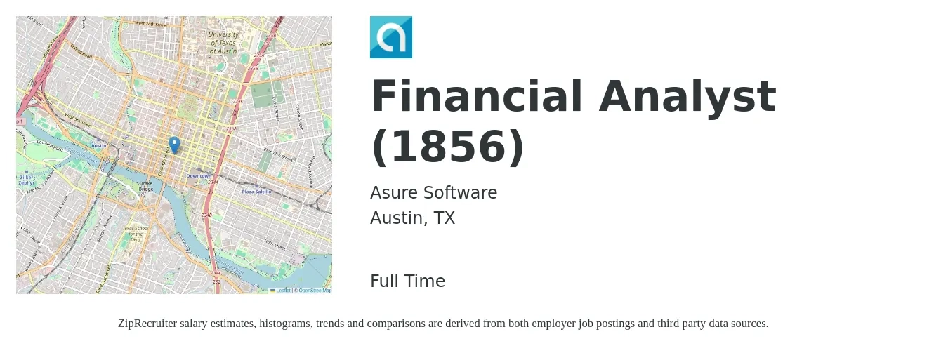 Asure Software job posting for a Financial Analyst (1856) in Austin, TX with a salary of $69,400 to $109,500 Yearly with a map of Austin location.