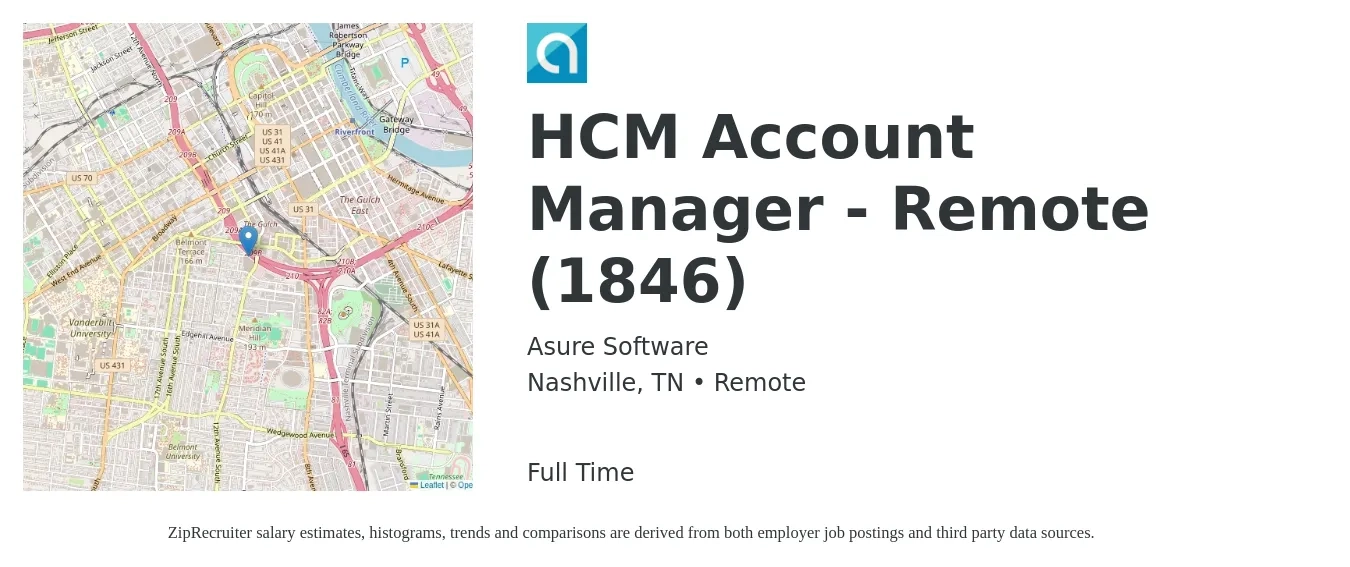 Asure Software job posting for a HCM Account Manager - Remote (1846) in Nashville, TN with a salary of $46,400 to $75,800 Yearly with a map of Nashville location.