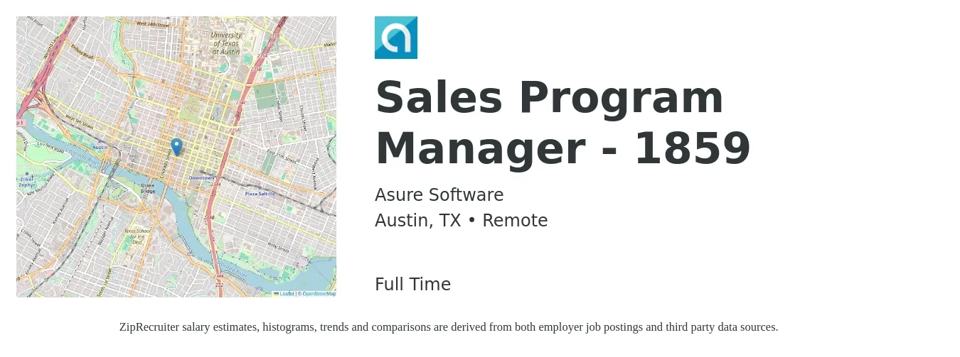 Asure Software job posting for a Sales Program Manager - 1859 in Austin, TX with a salary of $49,600 to $55,500 Yearly with a map of Austin location.