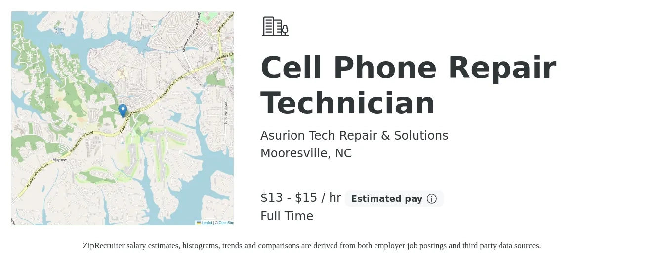 Asurion Tech Repair & Solutions job posting for a Cell Phone Repair Technician in Mooresville, NC with a salary of $14 to $16 Hourly with a map of Mooresville location.