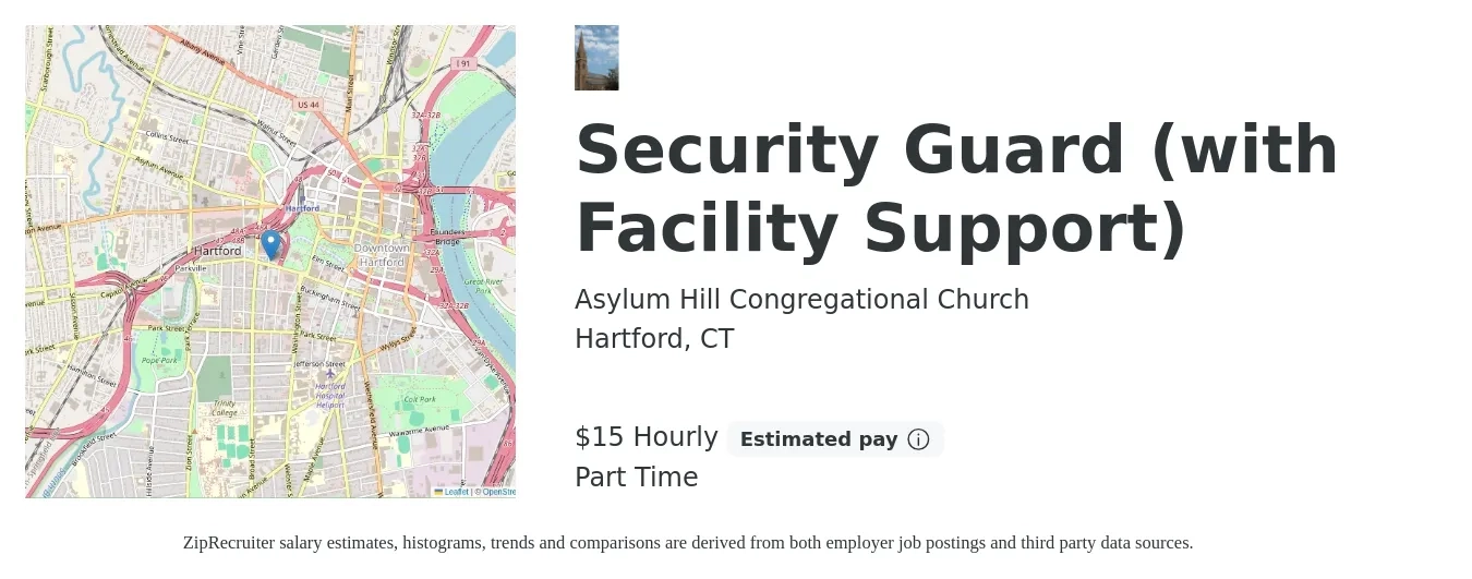 Asylum Hill Congregational Church job posting for a Security Guard (with Facility Support) in Hartford, CT with a salary of $16 Hourly with a map of Hartford location.