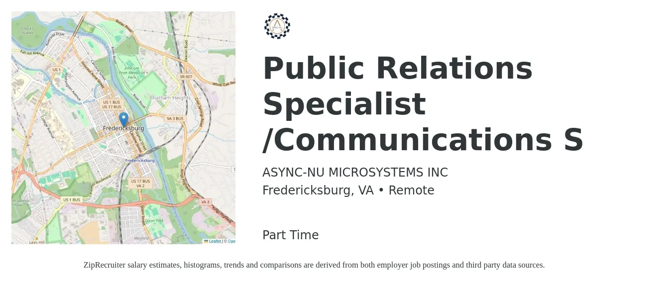 ASYNC-NU MICROSYSTEMS INC job posting for a Public Relations Specialist /Communications S in Fredericksburg, VA with a salary of $48,500 to $69,100 Yearly with a map of Fredericksburg location.