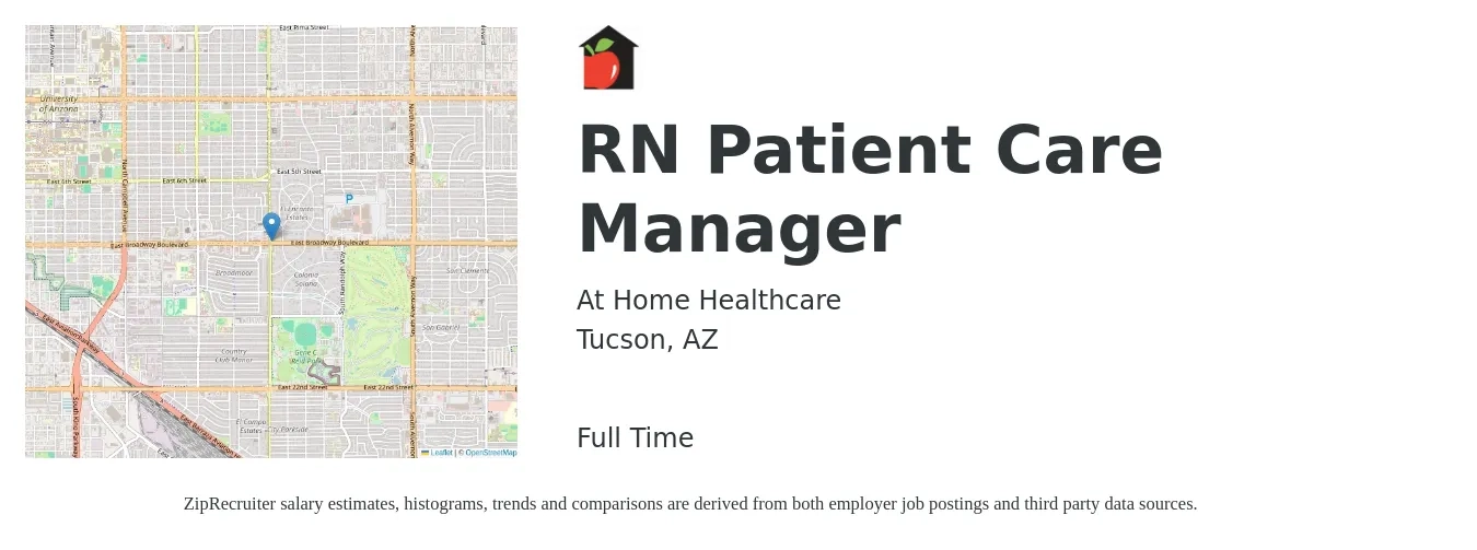 At Home Healthcare job posting for a RN Patient Care Manager in Tucson, AZ with a salary of $23 to $50 Hourly with a map of Tucson location.