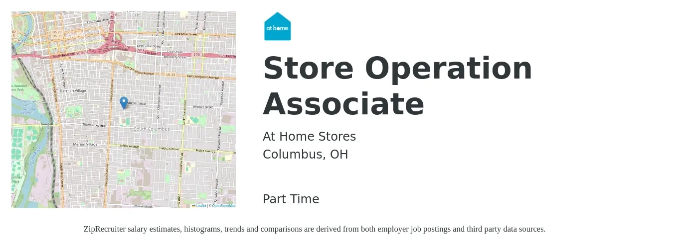 At Home Stores job posting for a Store Operation Associate in Columbus, OH with a salary of $16 to $22 Hourly with a map of Columbus location.
