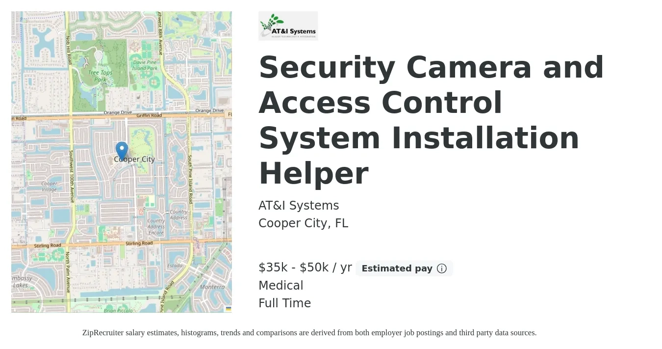 AT&I Systems job posting for a Security Camera and Access Control System Installation Helper in Cooper City, FL with a salary of $35,000 to $50,000 Yearly and benefits including medical, and retirement with a map of Cooper City location.