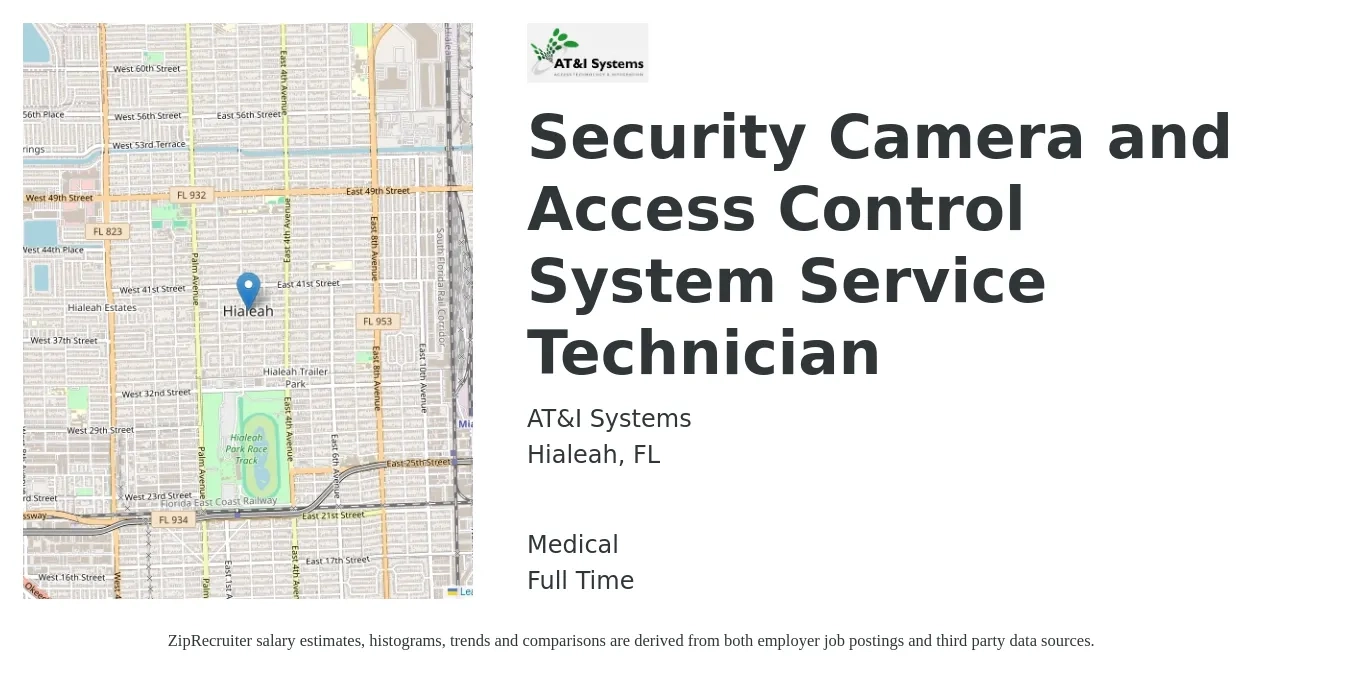 AT&I Systems job posting for a Security Camera and Access Control System Service Technician in Hialeah, FL with a salary of $22 to $30 Hourly and benefits including retirement, and medical with a map of Hialeah location.