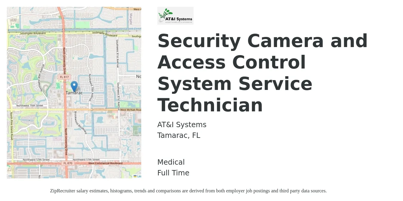 AT&I Systems job posting for a Security Camera and Access Control System Service Technician in Tamarac, FL with a salary of $23 to $32 Hourly and benefits including retirement, and medical with a map of Tamarac location.
