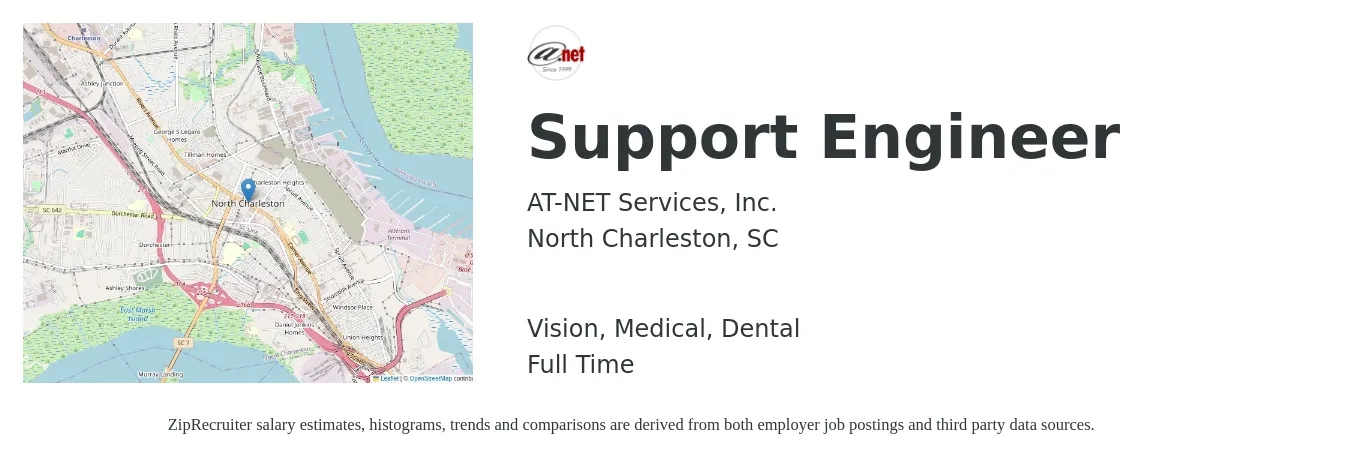 AT-NET Services, Inc. job posting for a Support Engineer in North Charleston, SC with a salary of $29 to $46 Hourly and benefits including vision, dental, life_insurance, medical, pto, and retirement with a map of North Charleston location.