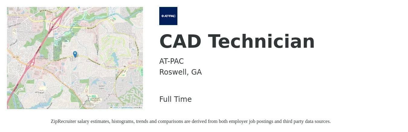 AT-PAC job posting for a CAD Technician in Roswell, GA with a salary of $21 to $30 Hourly with a map of Roswell location.
