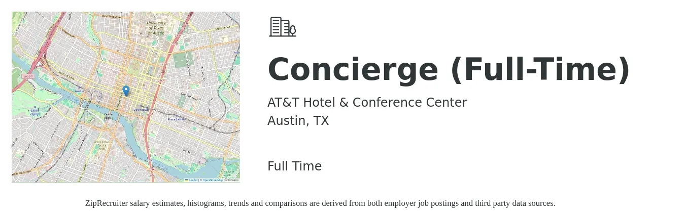 AT&T Hotel & Conference Center job posting for a Concierge (Full-Time) in Austin, TX with a salary of $16 to $20 Hourly with a map of Austin location.