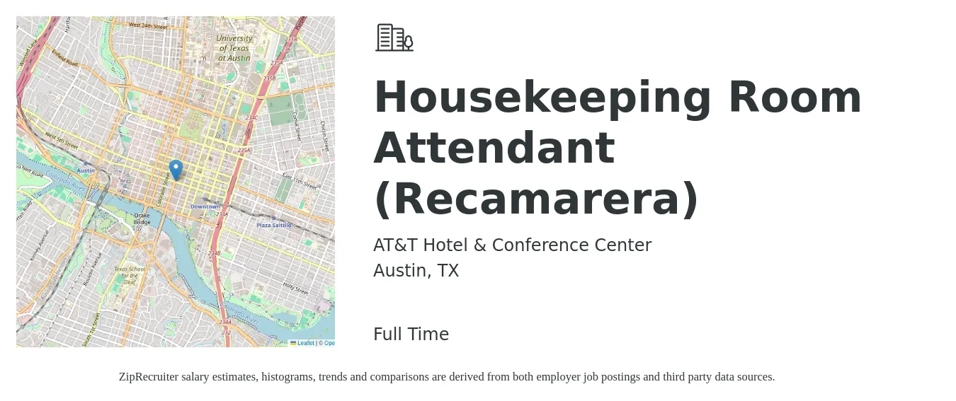 AT&T Hotel & Conference Center job posting for a Housekeeping Room Attendant (Recamarera) in Austin, TX with a salary of $14 to $16 Hourly with a map of Austin location.