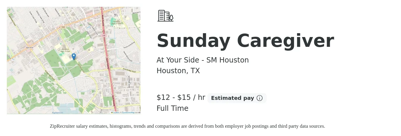 At Your Side - SM Houston job posting for a Sunday Caregiver in Houston, TX with a salary of $14 to $16 Hourly with a map of Houston location.