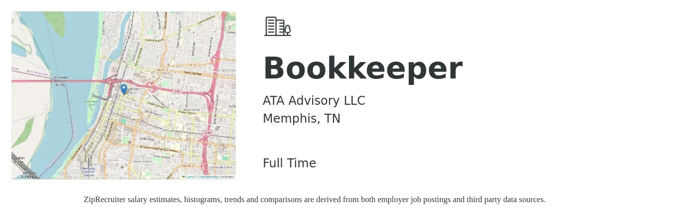ATA Advisory LLC job posting for a Bookkeeper in Memphis, TN with a salary of $21 to $30 Hourly with a map of Memphis location.