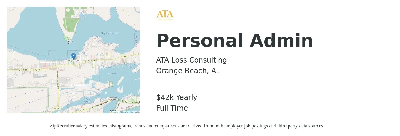 ATA Loss Consulting job posting for a Personal Admin in Orange Beach, AL with a salary of $42,000 Yearly with a map of Orange Beach location.