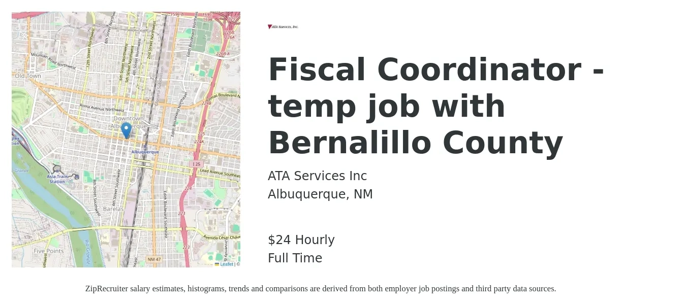 ATA Services Inc job posting for a Fiscal Coordinator - temp job with Bernalillo County in Albuquerque, NM with a salary of $26 Yearly with a map of Albuquerque location.