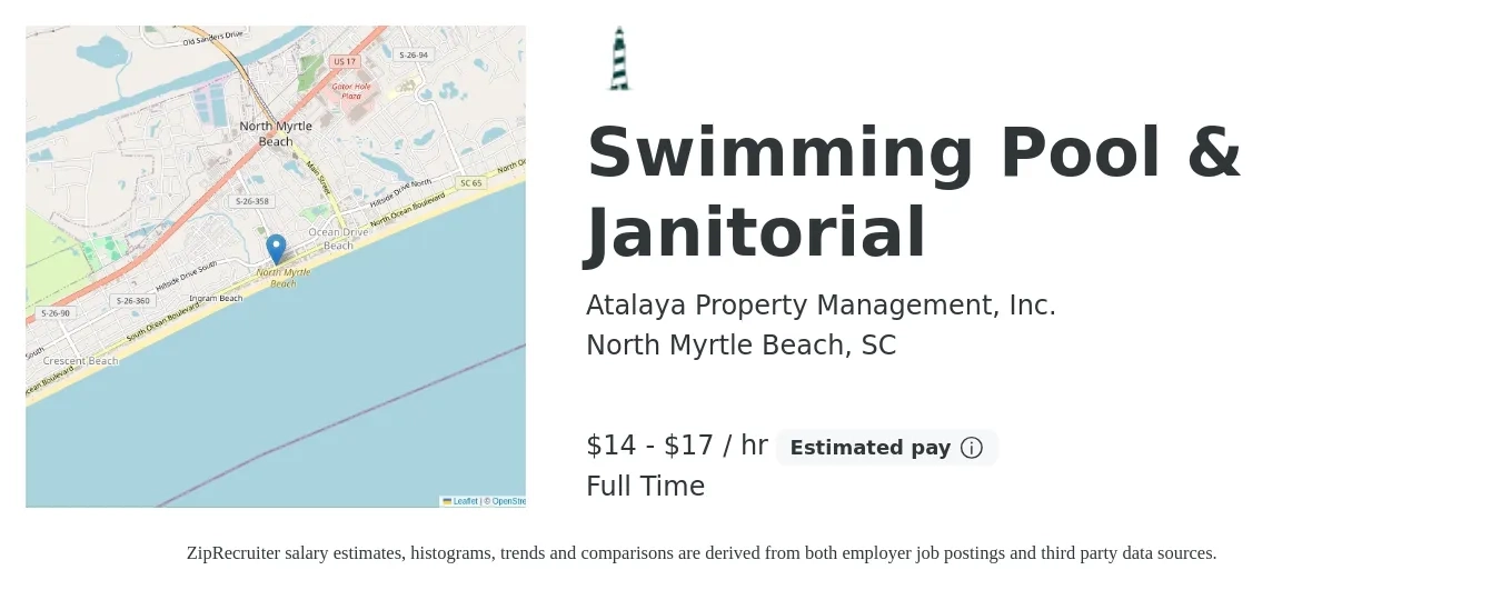 Atalaya Property Management, Inc. job posting for a Swimming Pool & Janitorial in North Myrtle Beach, SC with a salary of $15 to $18 Hourly with a map of North Myrtle Beach location.