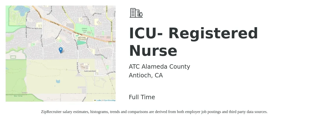 ATC Alameda County job posting for a ICU- Registered Nurse in Antioch, CA with a salary of $2,480 to $2,760 Weekly with a map of Antioch location.