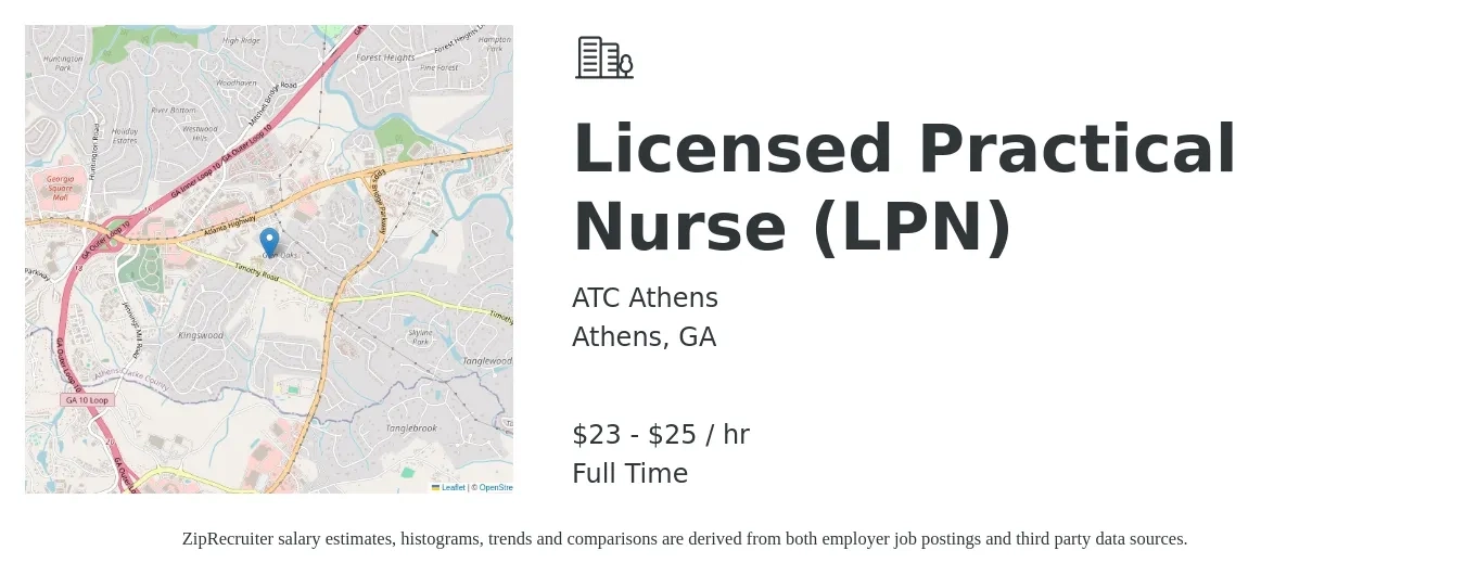 ATC Athens job posting for a Licensed Practical Nurse (LPN) in Athens, GA with a salary of $26 to $28 Hourly with a map of Athens location.
