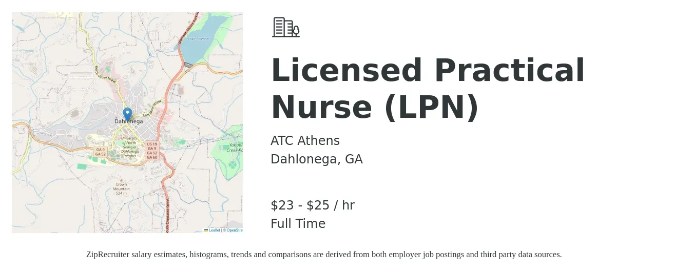 ATC Athens job posting for a Licensed Practical Nurse (LPN) in Dahlonega, GA with a salary of $24 to $26 Hourly with a map of Dahlonega location.
